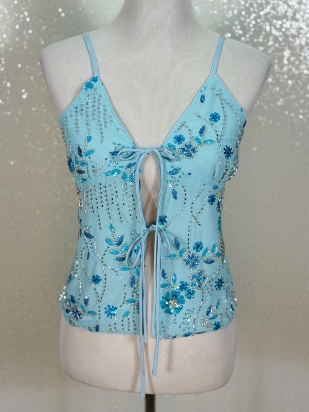 Light Blue Beaded Sequin Camisole Top Size Small Y2K Fairy Dainty Floral Blouse